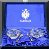 G01. Faberge crystal salt and pepper dishes in original box with spoons. - $150 